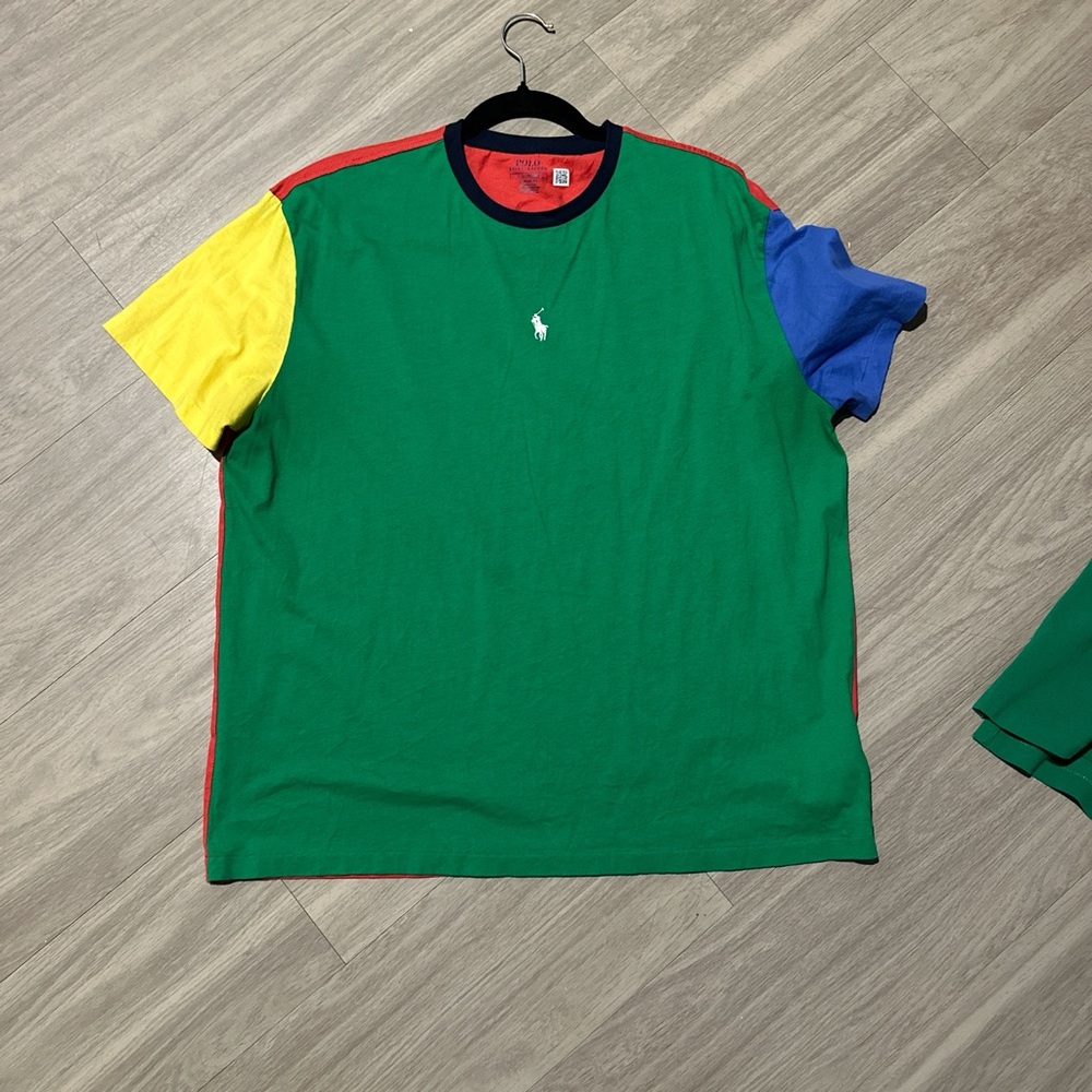 Polo by Ralph Lauren Men's Green Tee with Yellow and Blue Sleeves